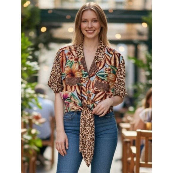 NEW Vintage Cache Floral Animal Print Brown Short Sleeve Tropical Top Blouse M - Picture 1 of 10